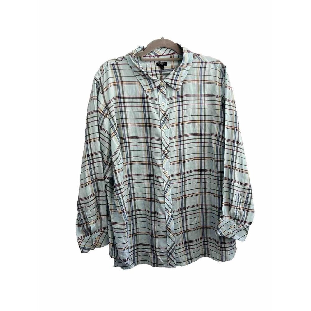TALBOTS Shirt Womens 3X Button Up Blouse Top Plaid Long Sleeve Blue Collared